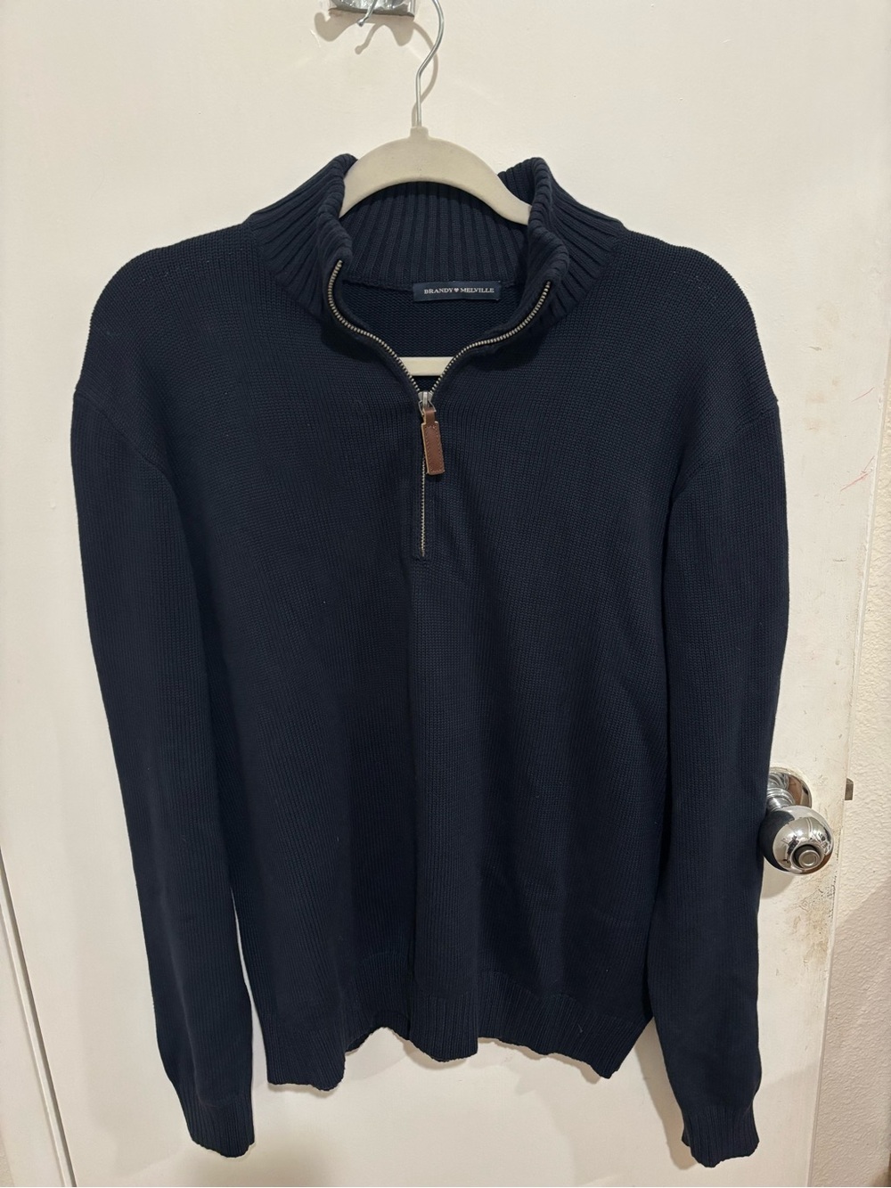 Brandy Melville Navy Half-Zip Sweater with Leather Zip Pull